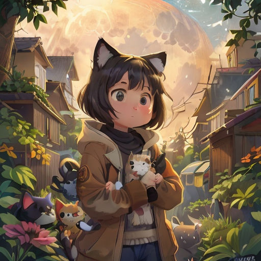 a girl holding a cat in her hands in front of a full moon and a cat in her hand