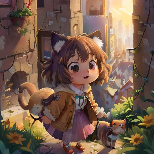 a girl with a cat in her hand and a cat in her hand in front of a building and a cat