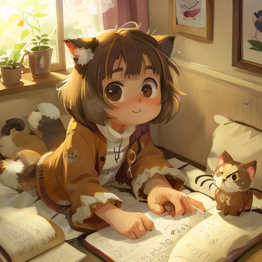a girl sitting on a bed with a cat and a book in front of her, reading a book