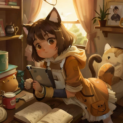 a girl is sitting at a desk with a book and a cat on her lap and a cat on the floor