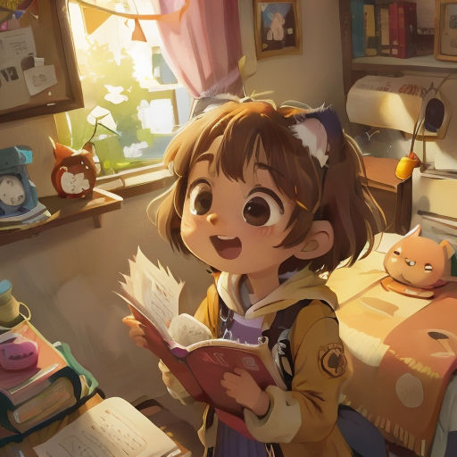 a girl reading a book in a room with a cat on the bed and a cat on the table