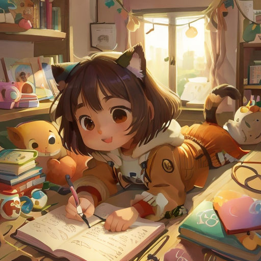 a girl is writing in a book while surrounded by stuffed animals and toys in a room with a window
