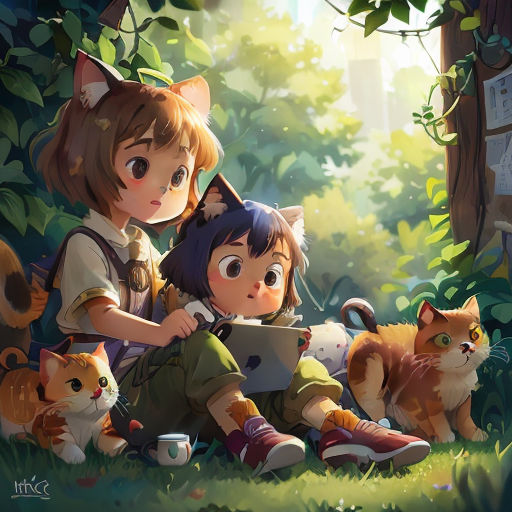 a girl and a boy are sitting in the grass with cats and a cat on their lap and a cat on their lap