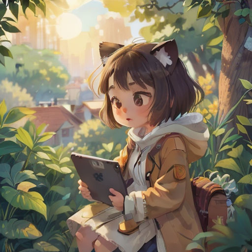 a girl is sitting in the woods looking at a book and holding a cat's head in her hands