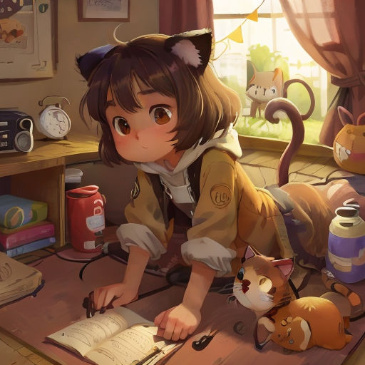 a girl is reading a book while cats sit on the floor nearby her and a cat is sitting on the desk