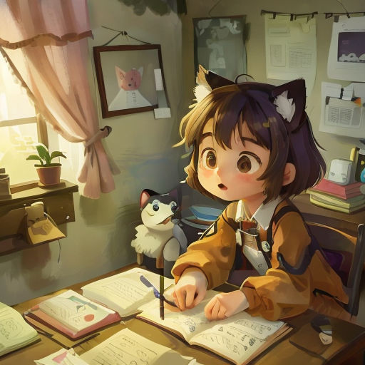 a girl sitting at a desk writing on a piece of paper with a cat on it and a cat on the desk