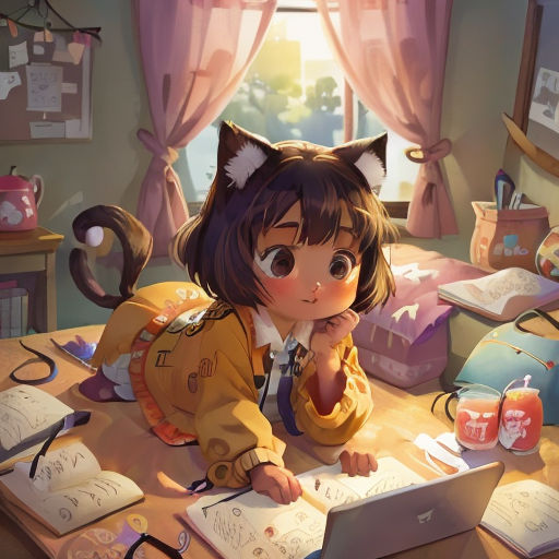 a girl sitting at a desk with a laptop computer and books on it, with a cat ears on her head