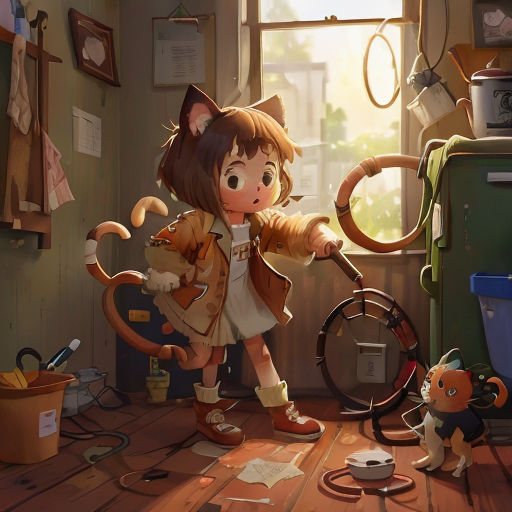 a girl is holding a cat and a steering wheel in a room with a cat and a mouse on the floor