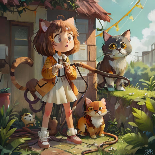 a girl with a cat and a cat on a leash in front of a house with a cat on the ground