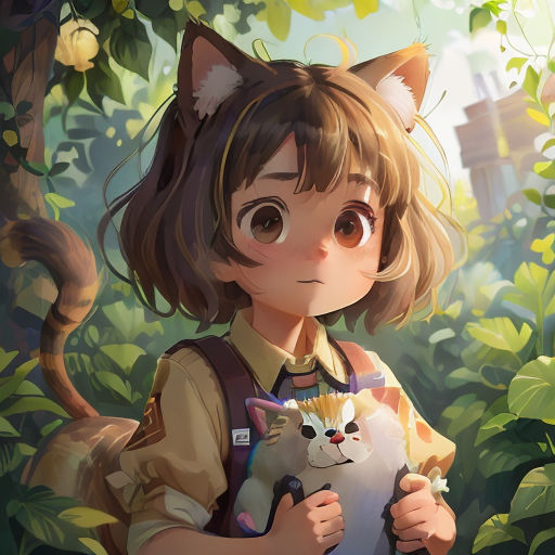 a girl holding a cat in a forest with trees and bushes in the background, with a cat on her chest