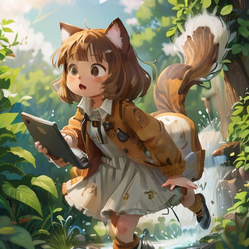 a girl in a dress and jacket is walking through the woods with a cat on her back and a book in her hand