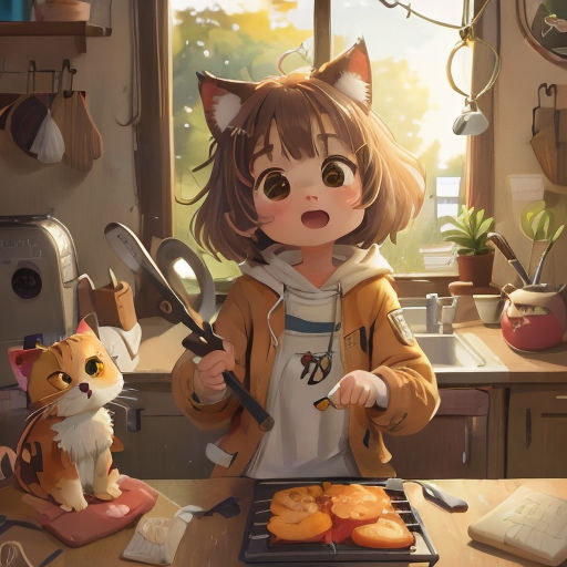 a girl is cooking with a cat and a cat figurine on a counter top in a kitchen