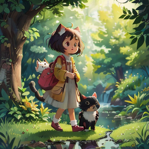 a girl with a backpack and a cat in a forest by a stream with a stream running through it