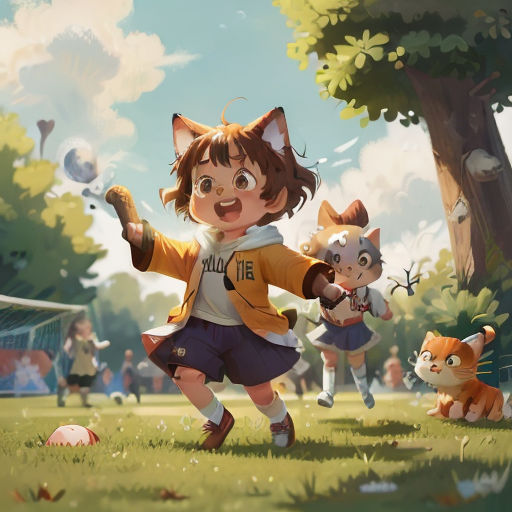 a young girl playing with stuffed animals in a park with other children in the background and a cat on the grass