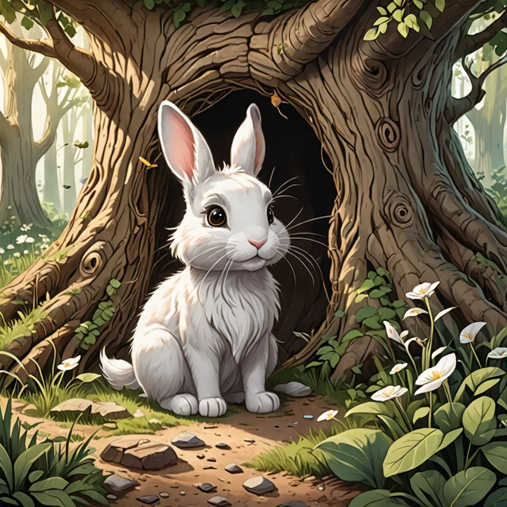 a white rabbit sitting in a hole in a tree filled forest with flowers and leaves on the ground and a path leading to it, fantasy art, a storybook illustration, Ed Binkley, rossdraws global illumination