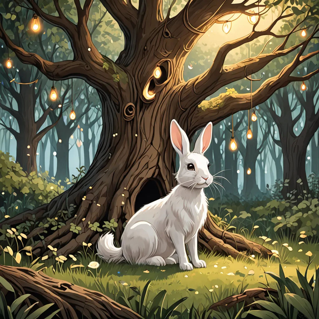 a white rabbit sitting in the grass under a tree with lights hanging from it's branches and a lightbulb in the background, fantasy art, a storybook illustration, Chris LaBrooy, rossdraws global illumination