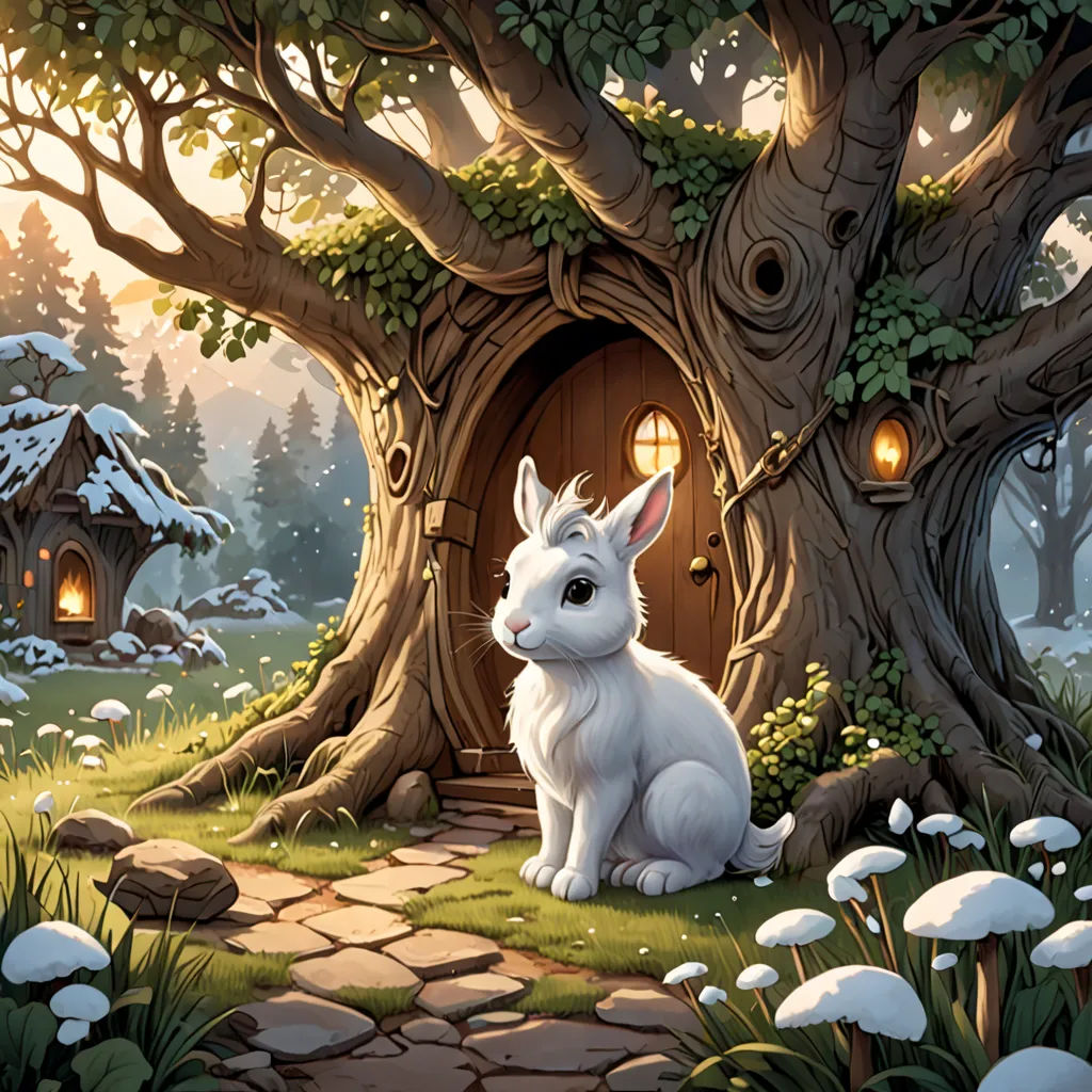 a white rabbit sitting in front of a tree with a house in the background and a pathway leading to it, fantasy art, a storybook illustration, Chris LaBrooy, storybook illustration