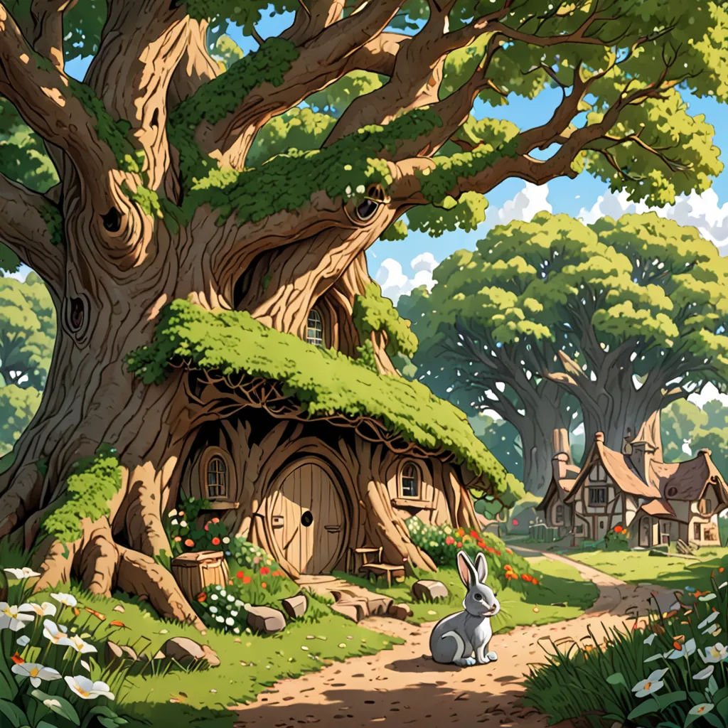 a cartoon of a rabbit sitting in front of a tree house in a forest with a path leading to it, fantasy art, a storybook illustration, Colin Middleton, storybook illustration