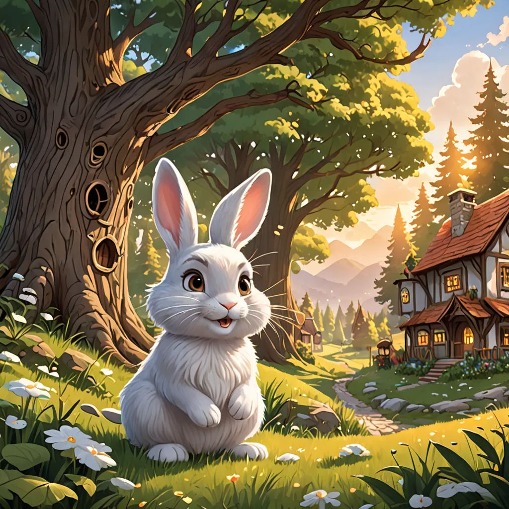 a painting of a rabbit sitting in the grass near a house and trees with a bird on it's head, fantasy art, a storybook illustration, Chris LaBrooy, rossdraws global illumination