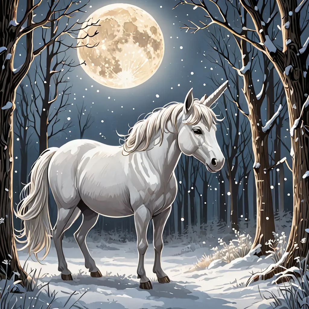 a white unicorn standing in the snow in front of a full moon and trees with snow on the ground, fantasy art, a storybook illustration, Anne Stokes, fantasy artwork