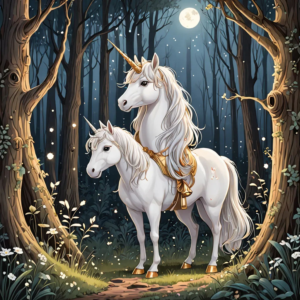a painting of two unicorns in a forest at night with a full moon in the background and trees, fantasy art, a storybook illustration, Anne Stokes, rossdraws global illumination