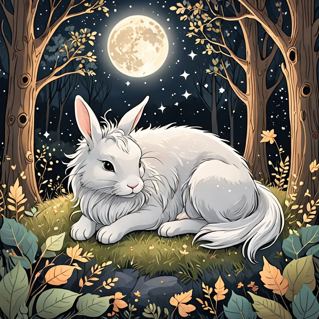 a white rabbit is sitting in the grass under the moonlit trees and grass is green with leaves and flowers, aestheticism, a character portrait, David Gilmour Blythe, moon