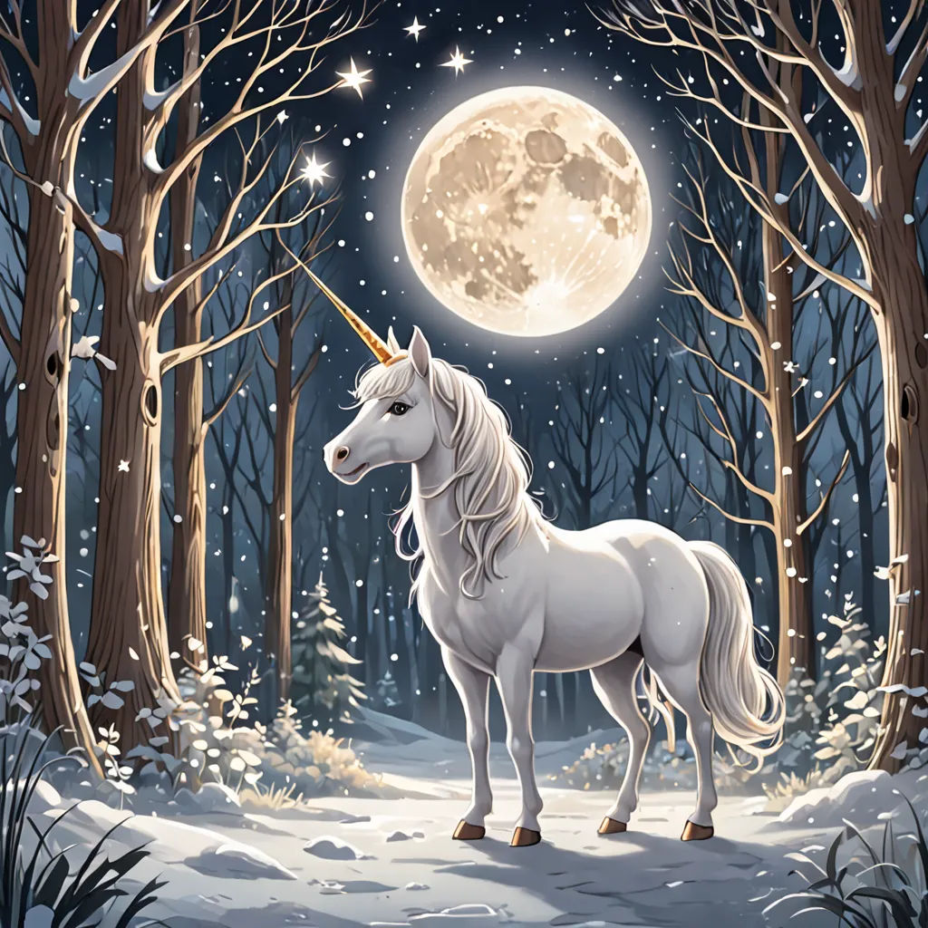a white unicorn standing in the snow in front of a full moon and trees with snow on the ground, fantasy art, a storybook illustration, Chris LaBrooy, fantasy artwork