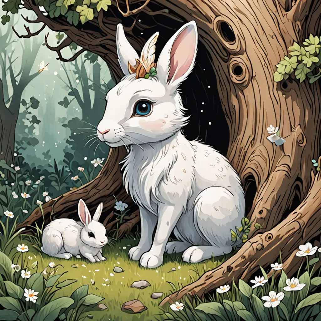a white rabbit and a baby rabbit sitting in the grass under a tree in a forest with butterflies on its head, fantasy art, a storybook illustration, Brom, fantasy illustration