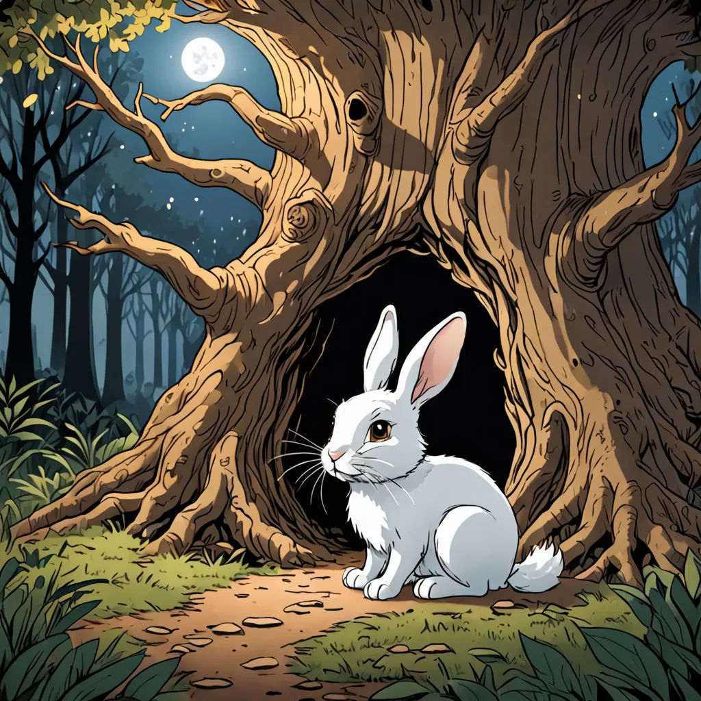 a white rabbit sitting in front of a hollow in a tree with a full moon in the background and a path leading to it, magical realism, a storybook illustration, Art Spiegelman, storybook illustration