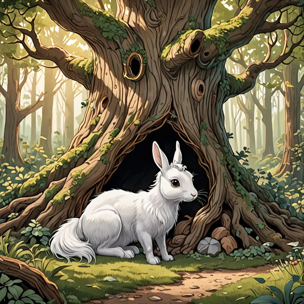 a white rabbit sitting in a hole in a forest with a path leading to it and a tree trunk, fantasy art, a storybook illustration, Chris LaBrooy, storybook illustration