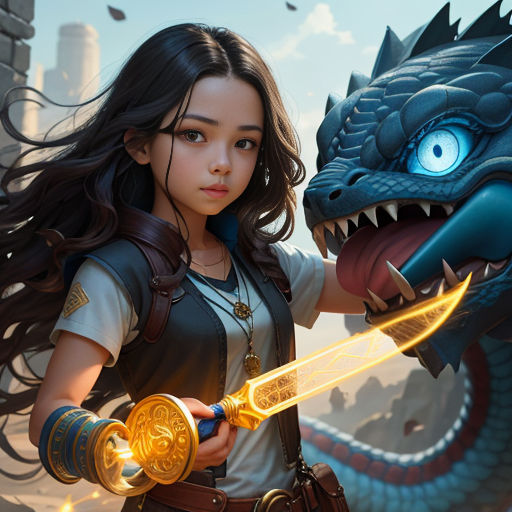 a girl holding a sword next to a dragon with a sword in her hand and a sword in her hand