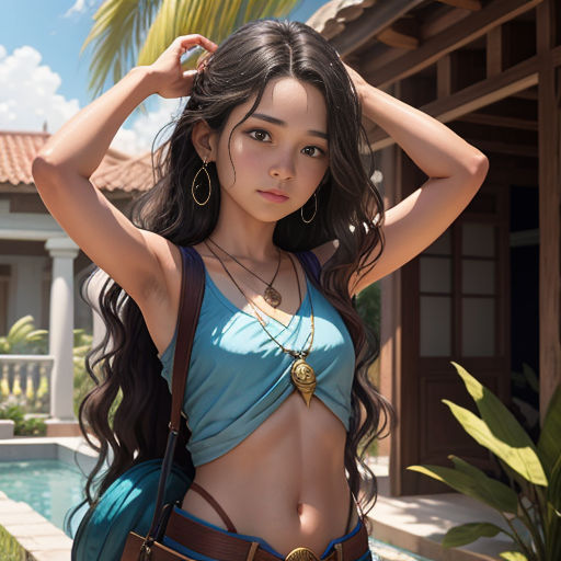 a woman in a blue top and a brown purse standing next to a pool with a palm tree in the background