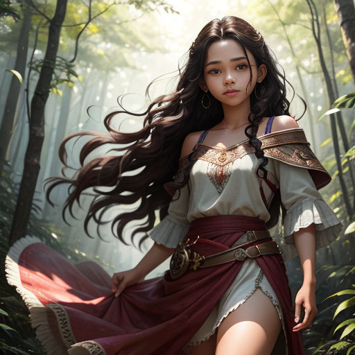 a woman in a dress and a sword in a forest with trees and bushes behind her, with a bird flying in the air