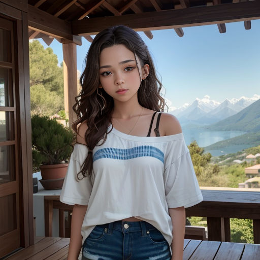 a girl standing on a porch with mountains in the background and a lake in the distance with a mountain range in the distance