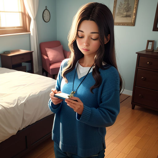 a woman standing in a bedroom looking at a cell phone and holding a card in her hand and looking at the camera