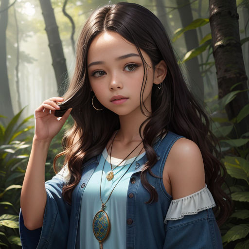 a young girl is posing in the woods with her hair in a ponytail and wearing a blue shirt and earrings