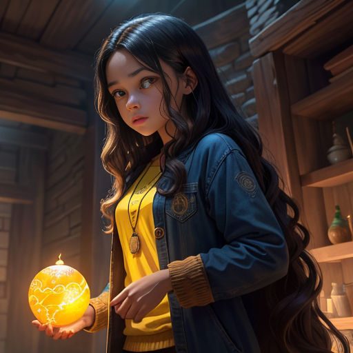 a girl holding a glowing ball in a room with shelves and shelves behind her, and a light shining on the top of the ball