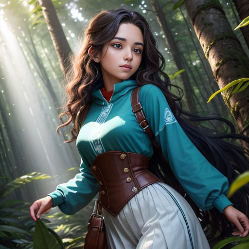 a woman in a green shirt and white skirt in the woods with a brown and blue outfit on and a brown and white purse