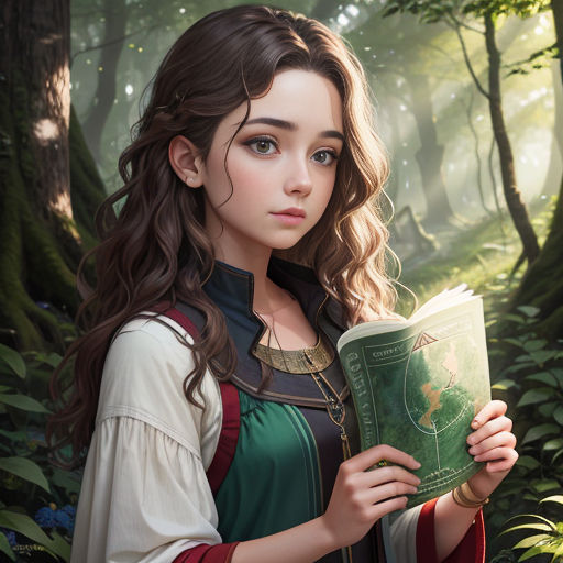a woman holding a book in a forest with trees and bushes behind her, looking at the camera, with a green book in her hands