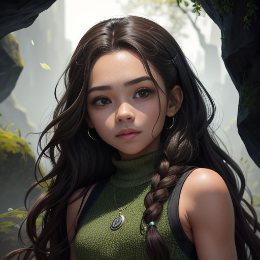 a girl with long hair and a green turtle neck top standing in a forest with a waterfall in the background