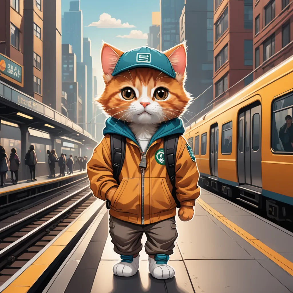 a cat in a jacket and hat standing on a train platform next to a train and a train station, furry art, a character portrait, Carlos Catasse, highly detailed digital painting