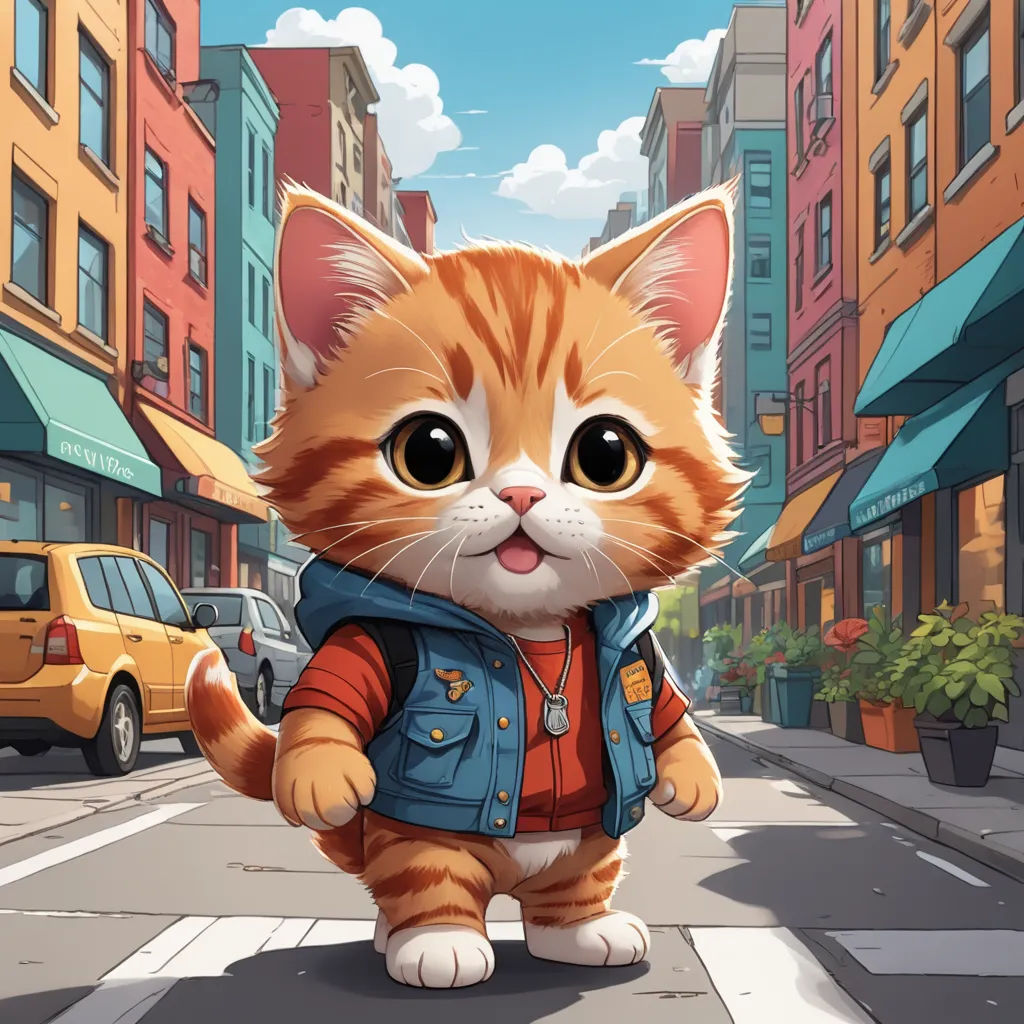 a cat is walking down a city street with a backpack on it's back and a jacket on its chest, sots art, a character portrait, Chris LaBrooy, cute and funny