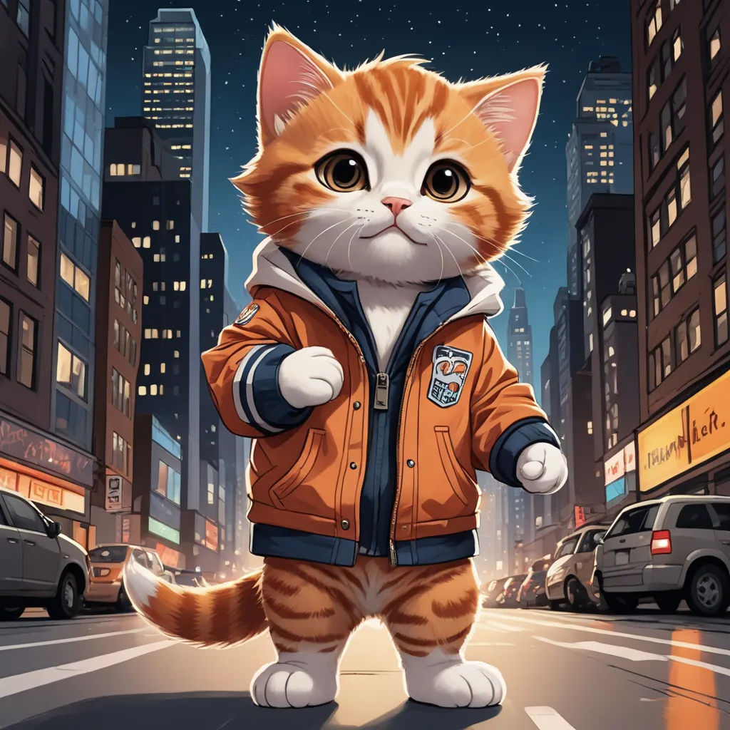 a cat in a jacket is standing on the street at night with a city background and cars in the background, sots art, a comic book panel, Chris LaBrooy, official art