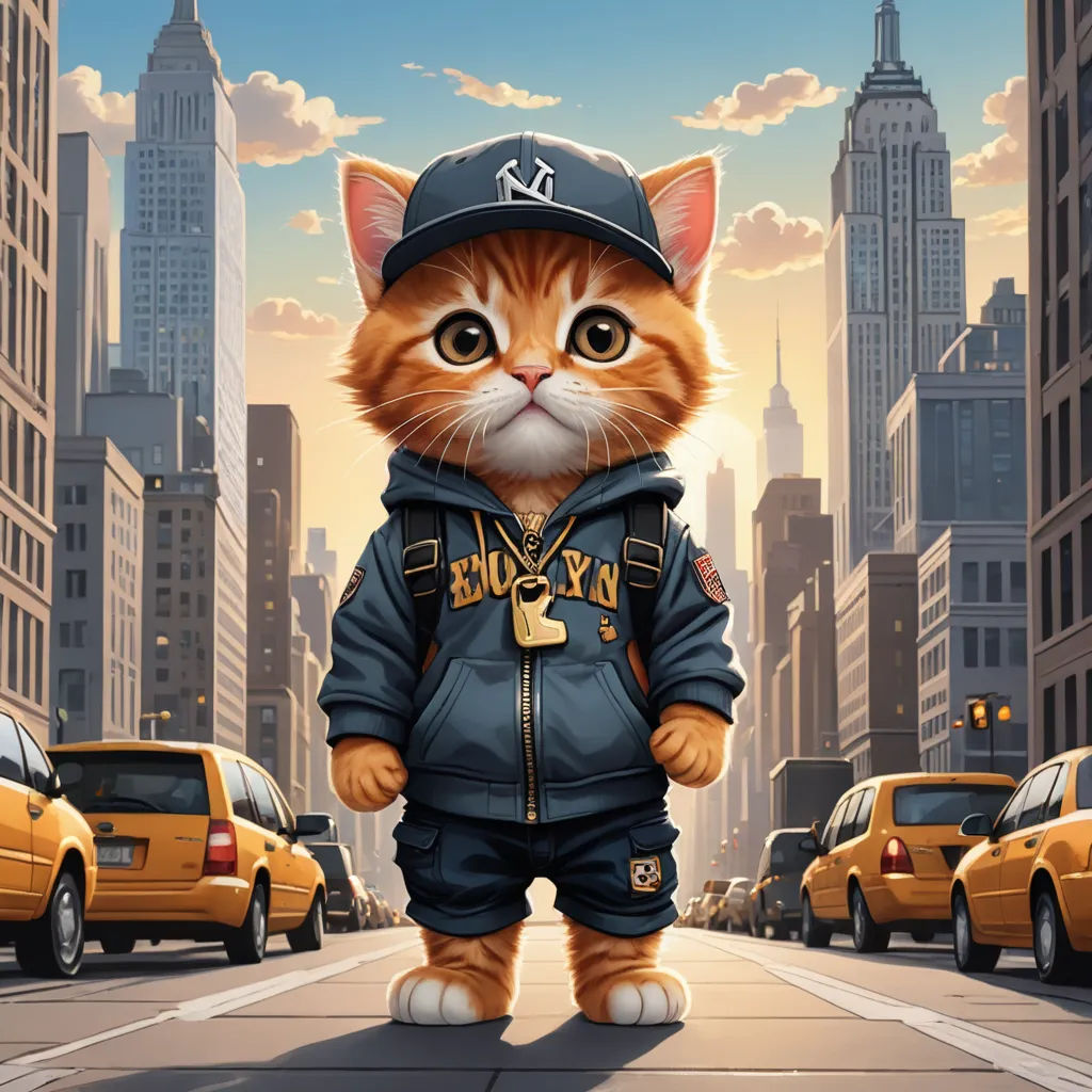 a cat in a jacket and cap is standing in the middle of a street with cars and buildings in the background, lyco art, graffiti art, Carlos Catasse, highly detailed digital painting