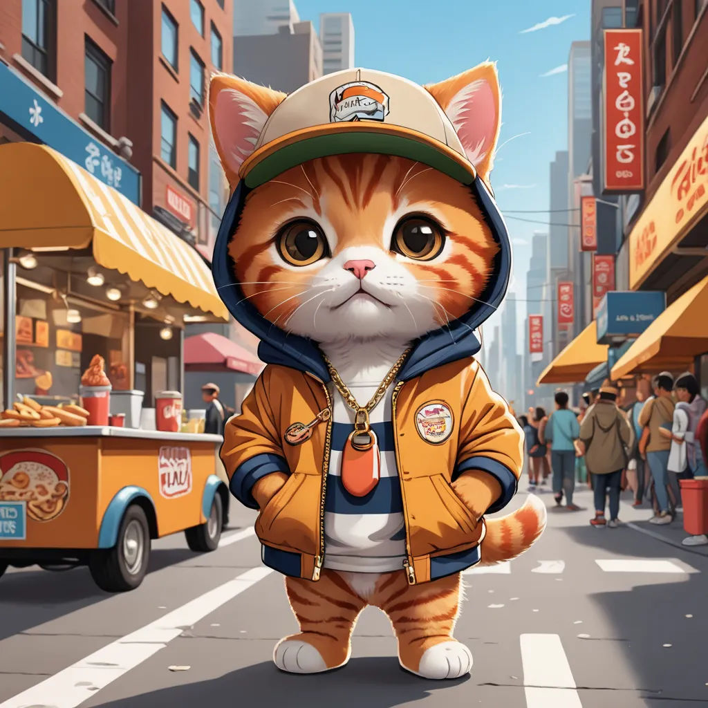 a cat in a hoodie is walking down the street in a city with people and food trucks in the background, furry art, a character portrait, Chris LaBrooy, highly detailed digital painting