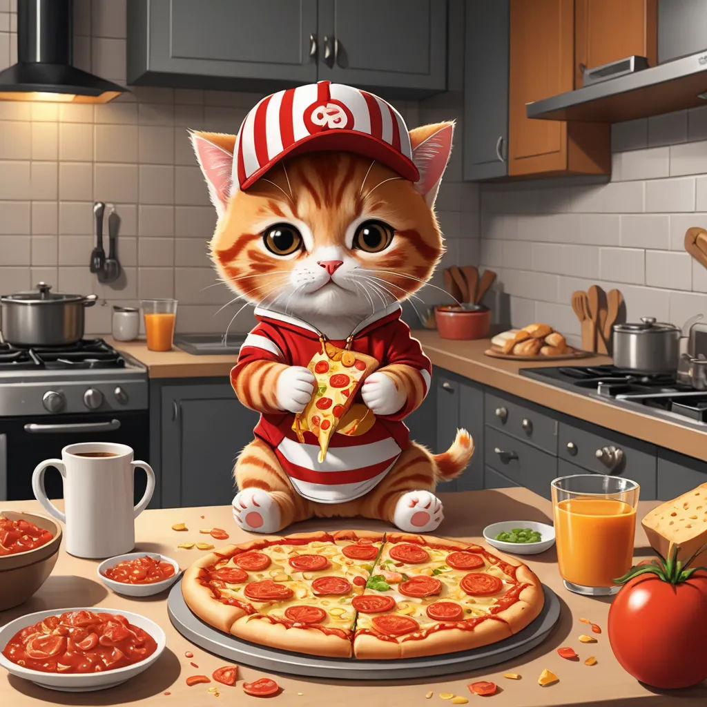 a cat is sitting on a table with a pizza and a cup of coffee in front of it and a plate of pizza, furry art, a detailed painting, Carlos Catasse, cute and funny