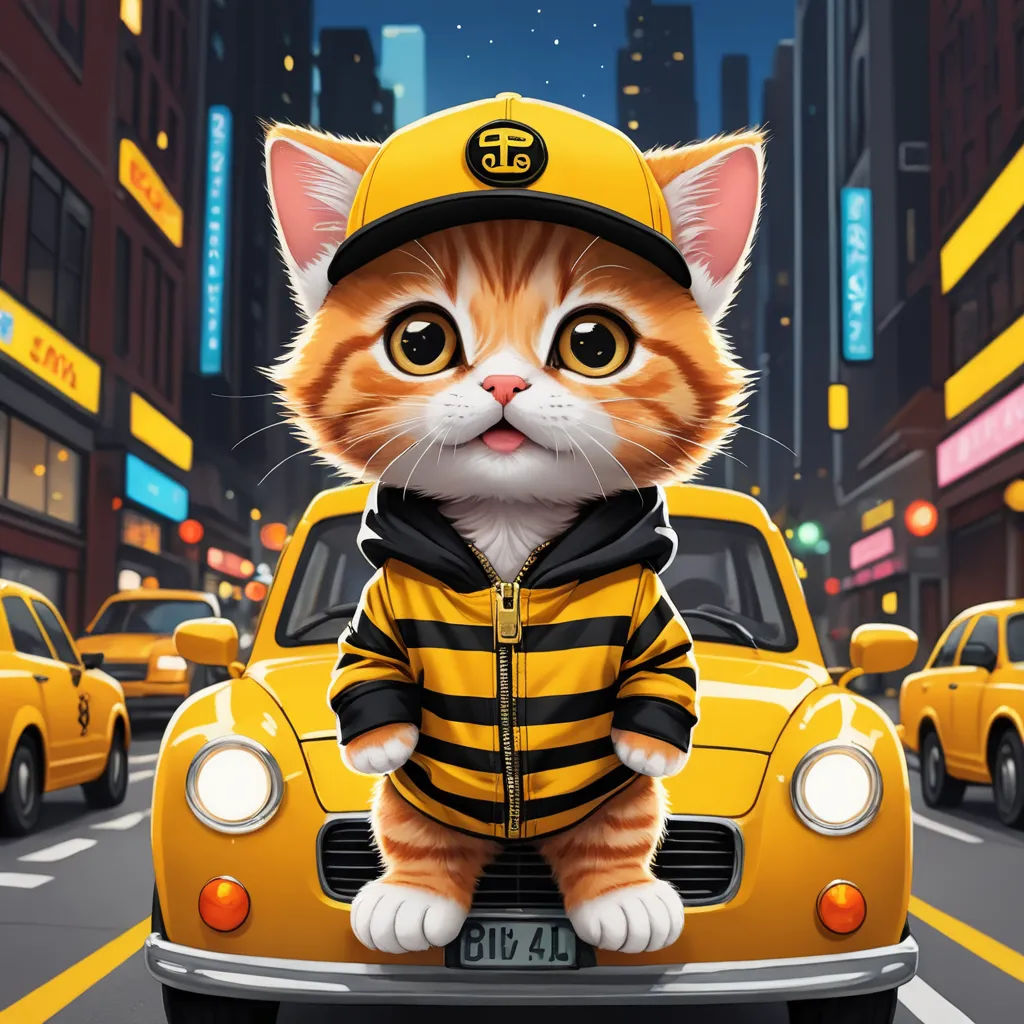 a cat in a yellow jacket is sitting on a car in the street with taxis and buildings in the background, lyco art, a character portrait, Cao Buxing, city background