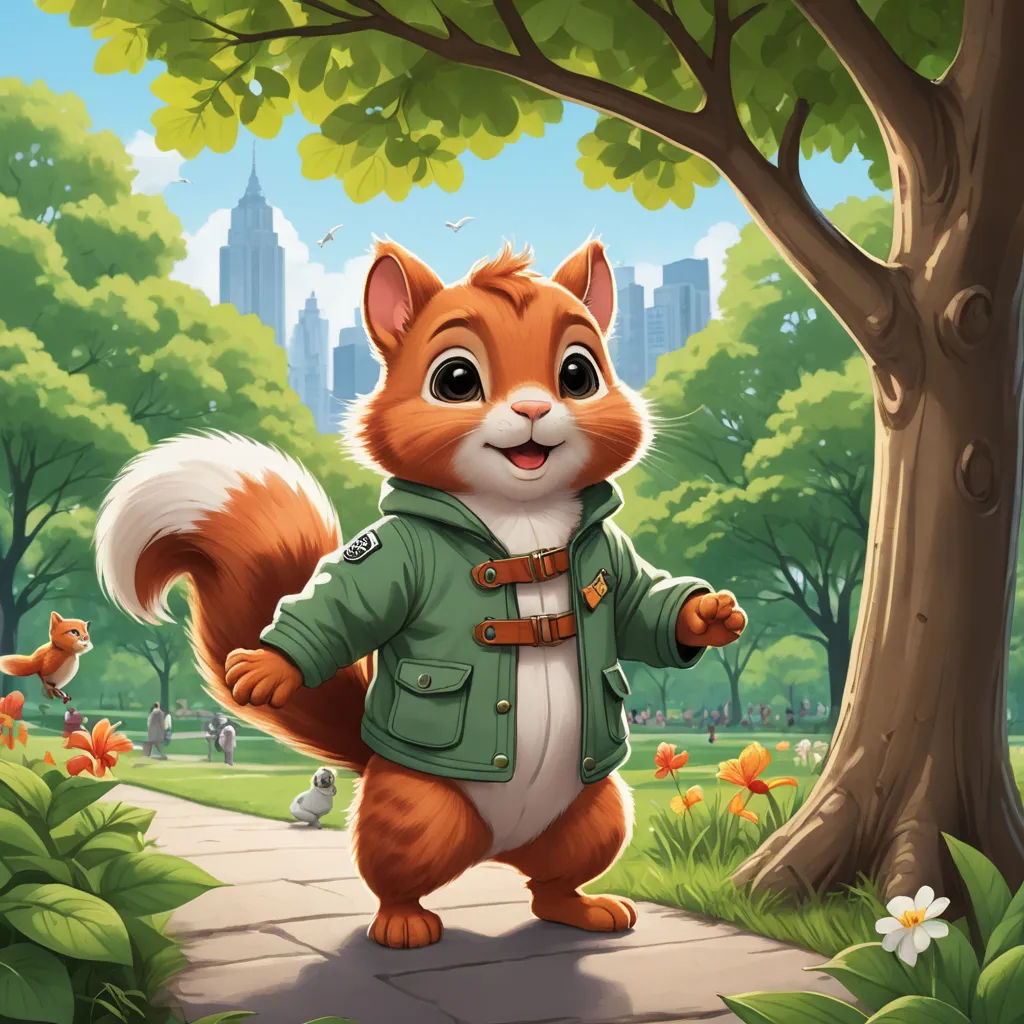 a squirrel in a park with a green jacket on and a squirrel in the background with a cityscape, sots art, a character portrait, Chris LaBrooy, key art