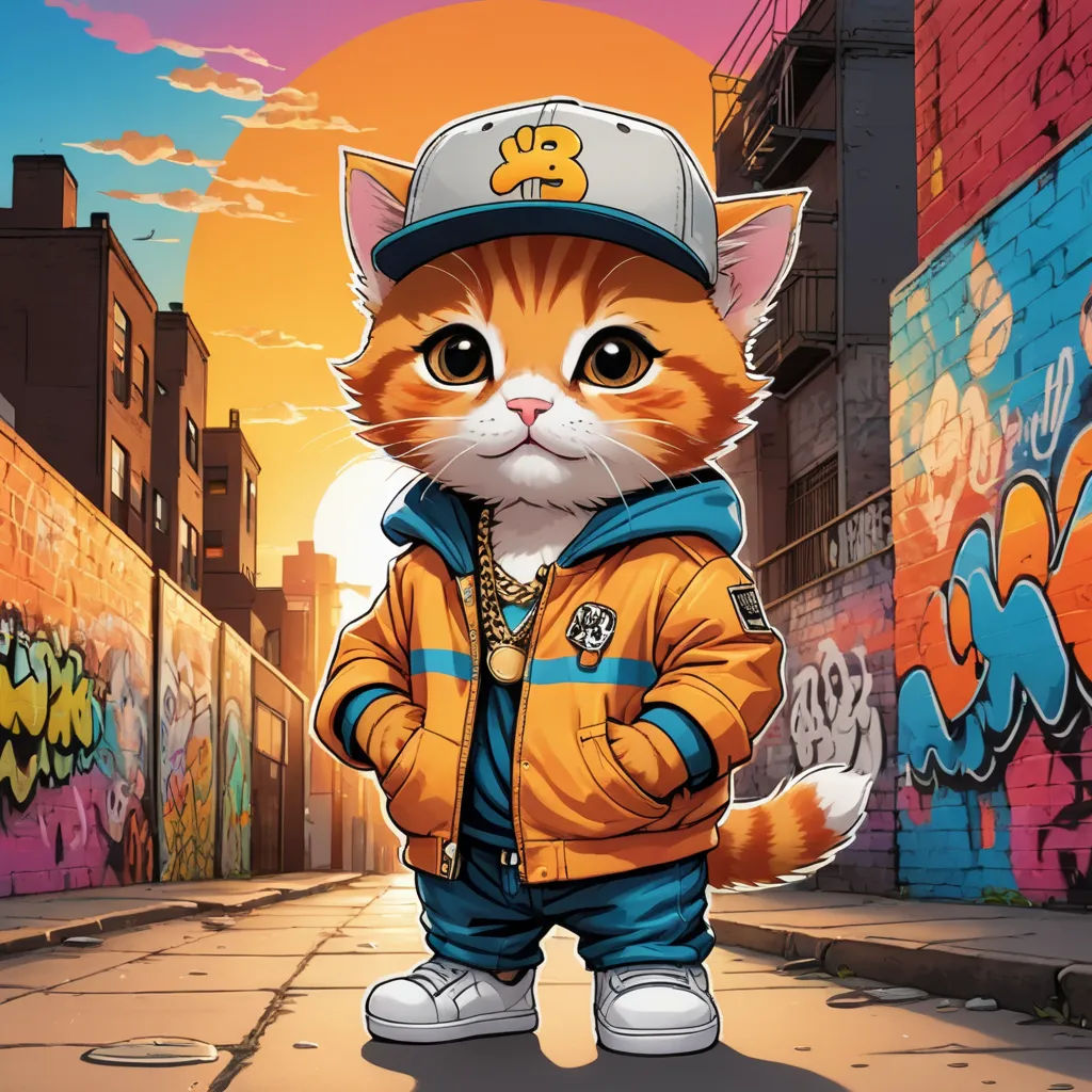 a cat in a yellow jacket and hat standing in a street with graffiti on the walls behind it and a sunset behind it, furry art, a comic book panel, Altichiero, official art