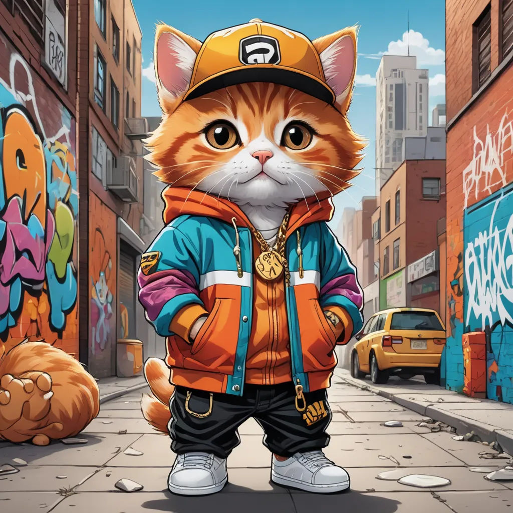 a cat wearing a hat and jacket standing on a street next to a wall with graffiti on it and a teddy bear, furry art, a comic book panel, Altichiero, highly detailed digital art